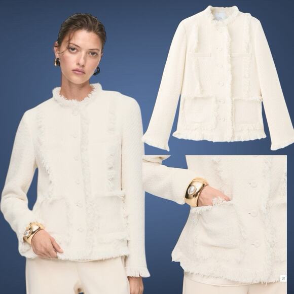 MANGO Pocket Cream Boucle' Fringe Tweed jacket Women's Blazer M (4) REF17087813 - Picture 2 of 16